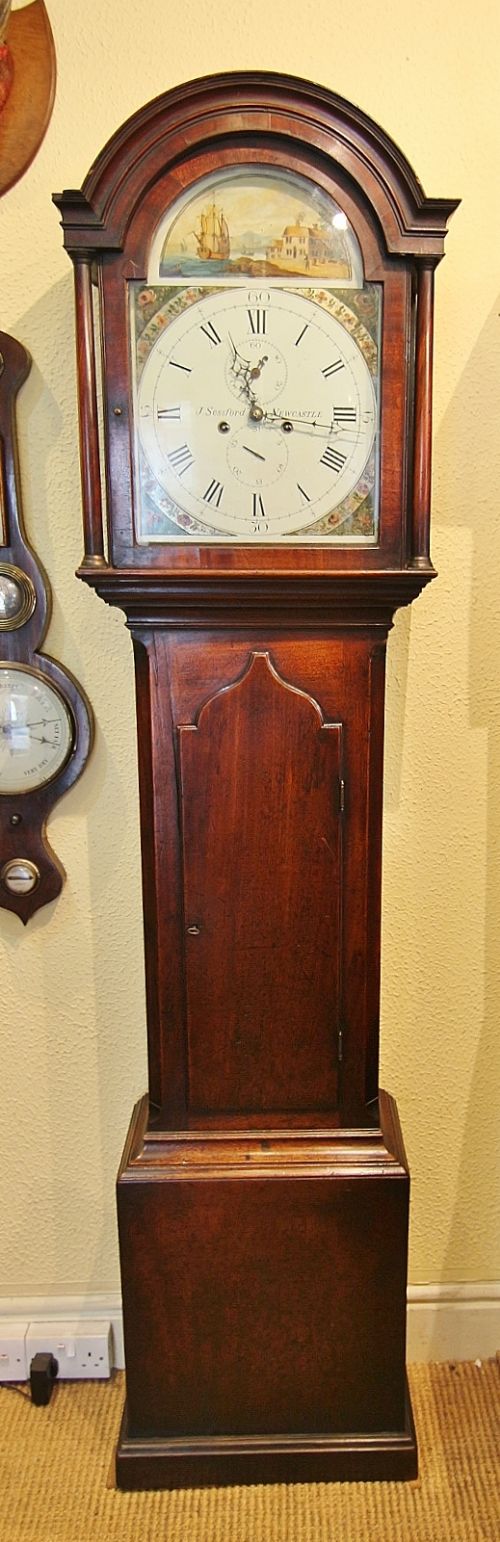 small clean 8 day painted arch dial longcase clock ' j sessford newcastle'