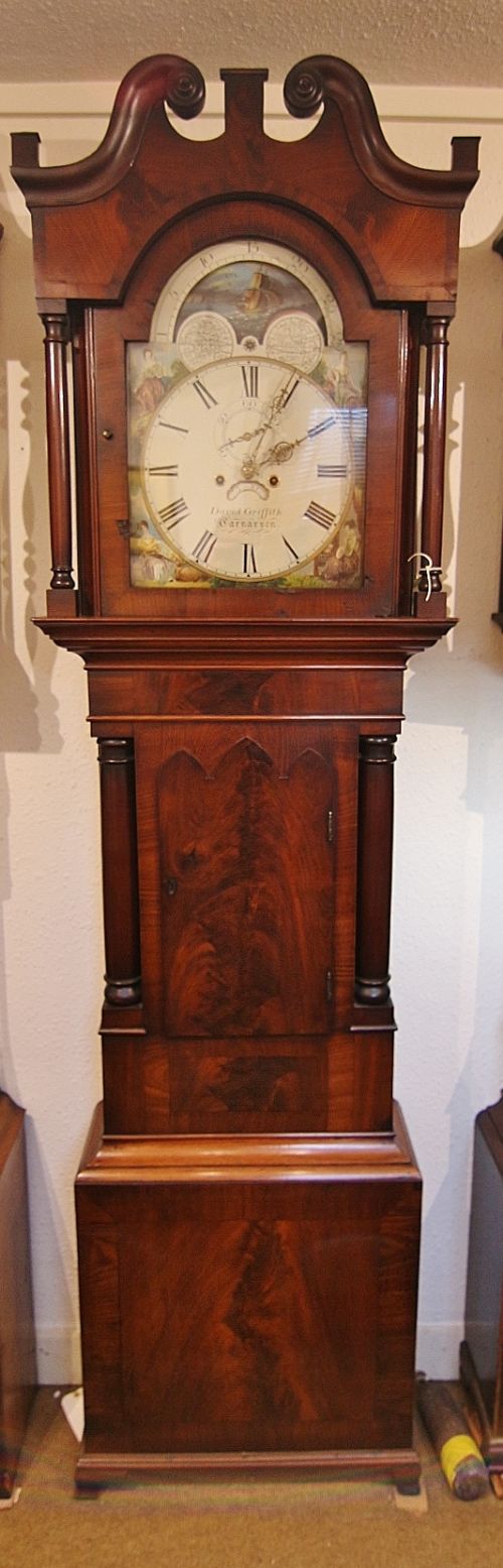 19th century mahogany 8 day rolling moon longcase clock 'david griffith carnarvon'
