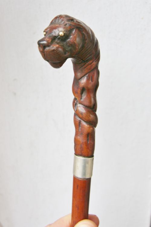 19th century carved lion head walking stick