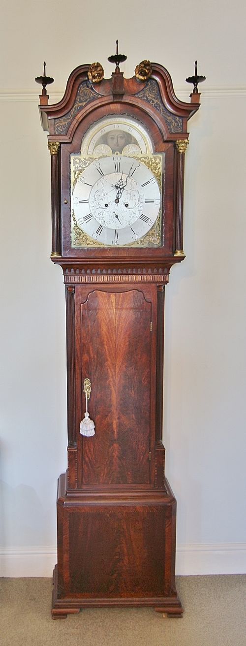 fine 18th century 8 day moon phase inlaid mahogany longcase clock 'r lawson leigh'