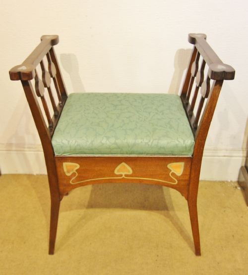 liberty style arts craft brass and pewter inlaid mahogany piano stool