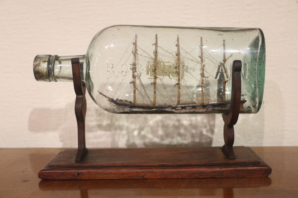 19th century welsh folk art ship in a bottle on stand