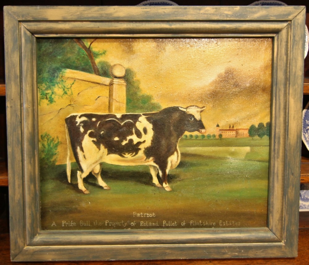 primitive 2oth century oil painting of a bull