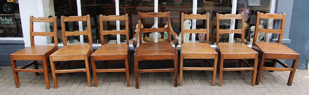 good solid set of 6 plus one carver 19th century welsh inlaid oak talwrn farmhouse chairs