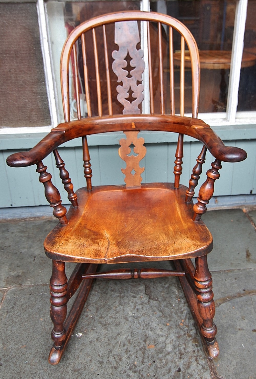 19th century yew wood broad arm windsor rocking armchair
