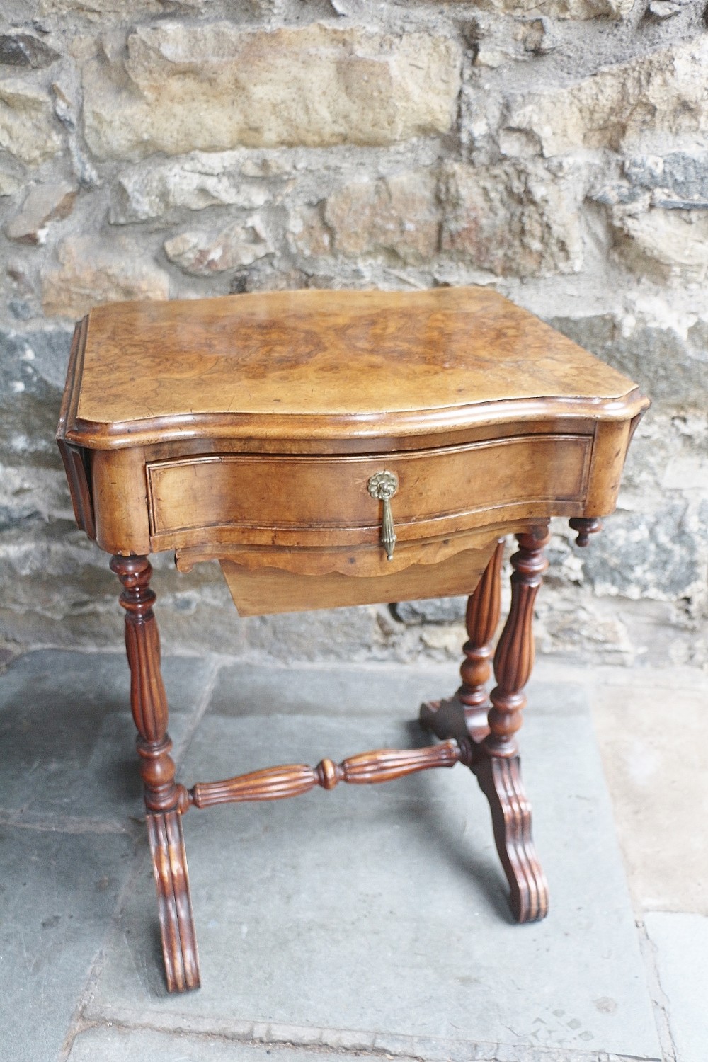 19th century burr walnut drop leaf sewing table