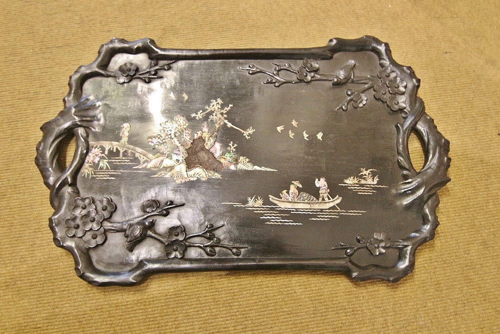 19th century solid wood ebonized chinese tray