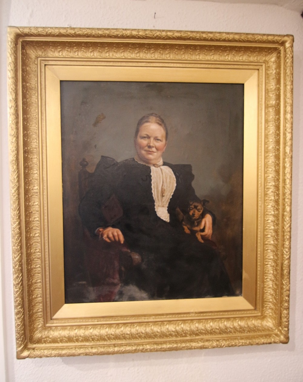 edwardian chirpy lady with dog oil portrait 'j cecil bradshaw'