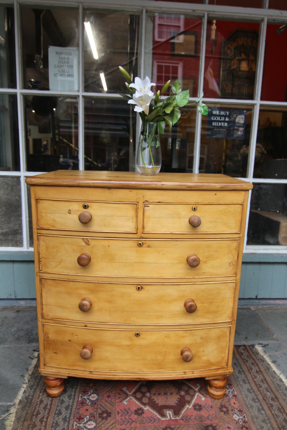 19th century pine bow fronted 5 drawer chest of drawers